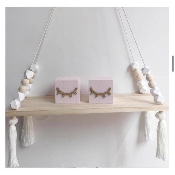Nordic Wood Hanging Shelf with Beads & Tassels | Floating Wall Storage | New - Picture 1 of 5